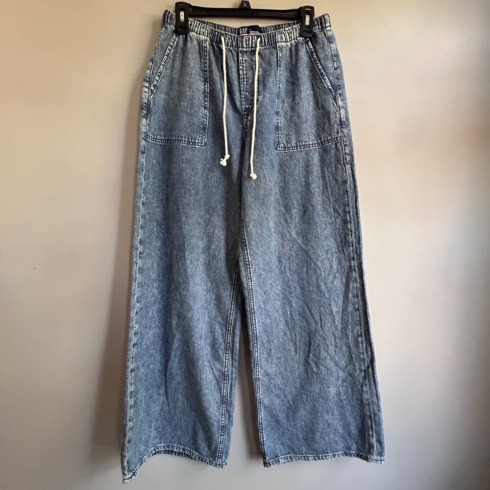 Gap Denim Superlight Wide-Leg Medium Wash Elastic Waist Pants Small Blue